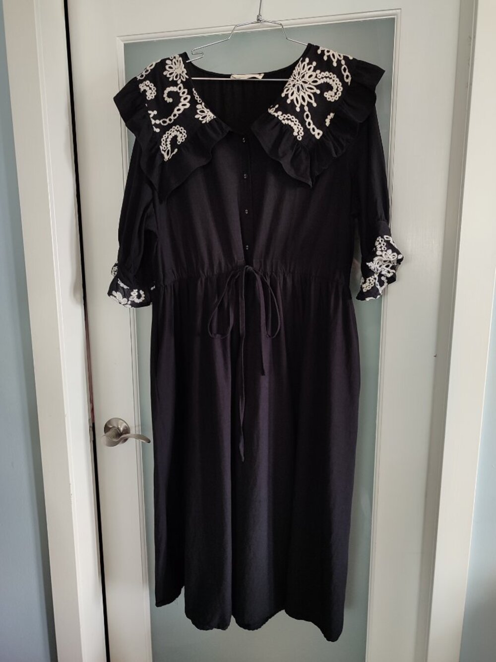 Annforest 100% Cotton Black Midi Dress Richelieu Embroidered with two pockets L